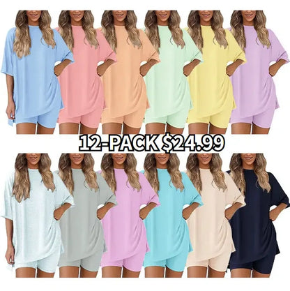 🔥Women's Two Piece Lounge Set 2026 Summer Casual Oversized Shirts Biker Shorts Matching Airport Travel Outfit