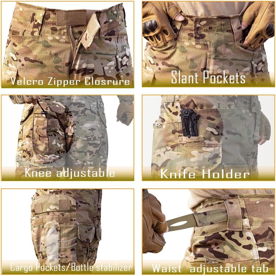 Men’s Tactical Pants with Knee Pads Camo Cargo Pants Waterproof Hiking Pants 10 Pockets No Belt