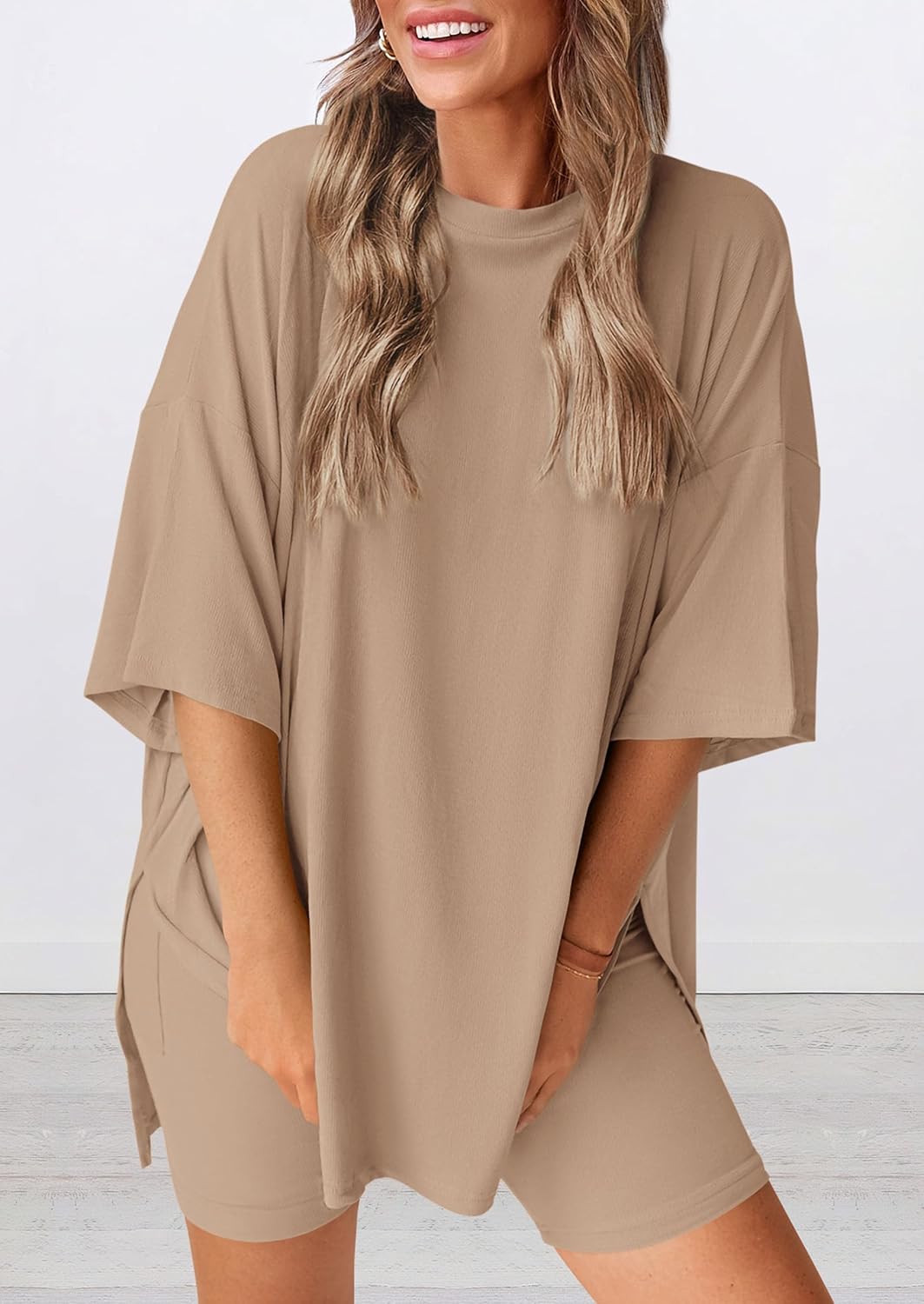 PRETTYGARDEN Women's Two Piece Lounge Set 2025 Summer Casual Oversized Shirts Biker Shorts Matching Airport Travel Outfit