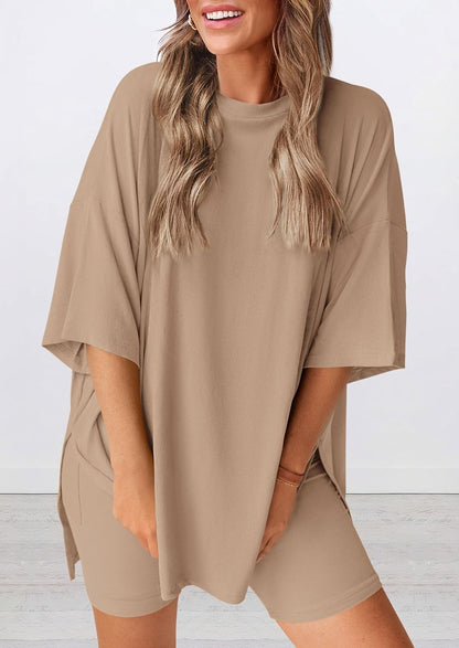 PRETTYGARDEN Women's Two Piece Lounge Set 2025 Summer Casual Oversized Shirts Biker Shorts Matching Airport Travel Outfit