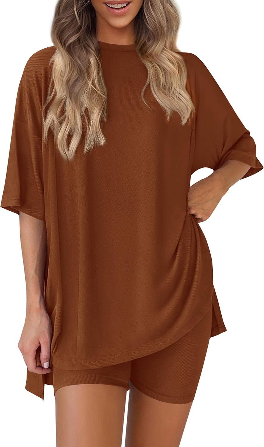 PRETTYGARDEN Women's Two Piece Lounge Set 2025 Summer Casual Oversized Shirts Biker Shorts Matching Airport Travel Outfit