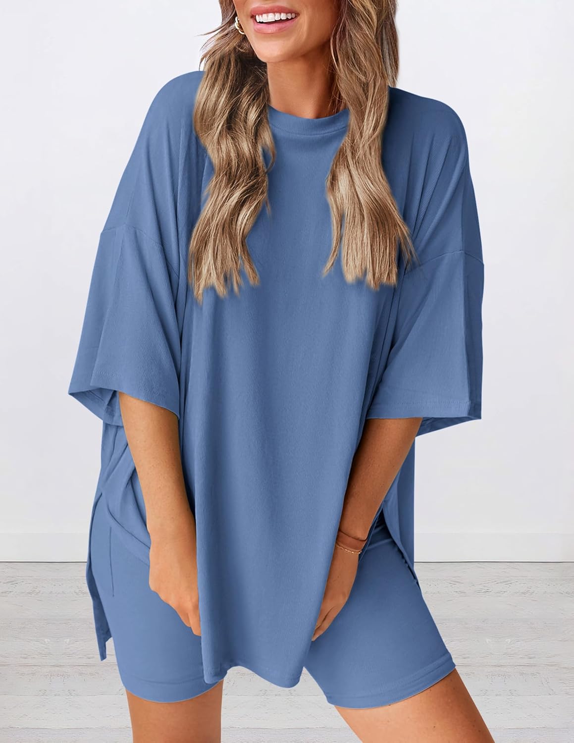 PRETTYGARDEN Women's Two Piece Lounge Set 2025 Summer Casual Oversized Shirts Biker Shorts Matching Airport Travel Outfit