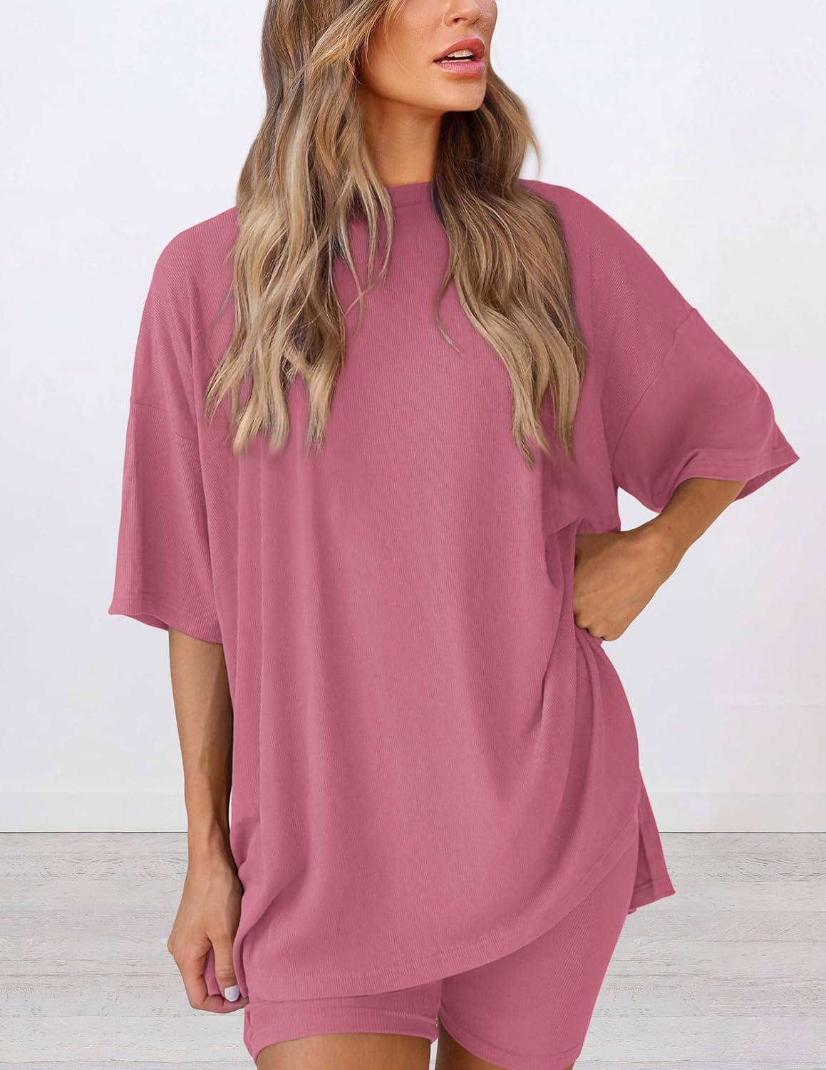 PRETTYGARDEN Women's Two Piece Lounge Set 2025 Summer Casual Oversized Shirts Biker Shorts Matching Airport Travel Outfit