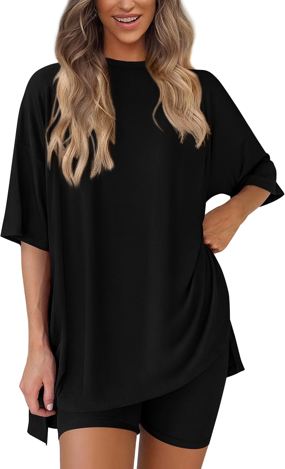 PRETTYGARDEN Women's Two Piece Lounge Set 2025 Summer Casual Oversized Shirts Biker Shorts Matching Airport Travel Outfit