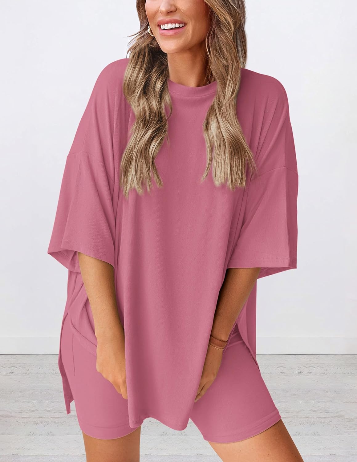 PRETTYGARDEN Women's Two Piece Lounge Set 2025 Summer Casual Oversized Shirts Biker Shorts Matching Airport Travel Outfit