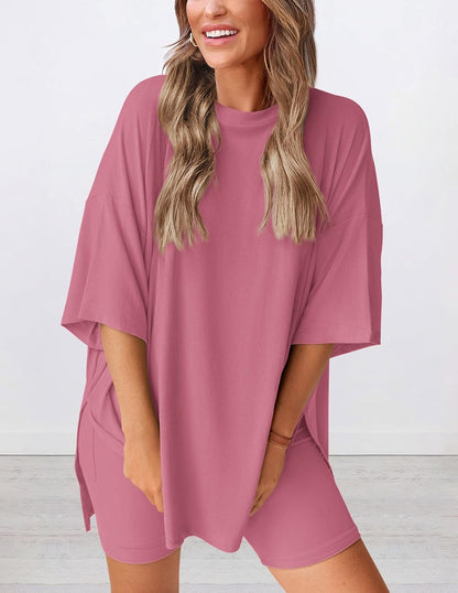 PRETTYGARDEN Women's Two Piece Lounge Set 2025 Summer Casual Oversized Shirts Biker Shorts Matching Airport Travel Outfit