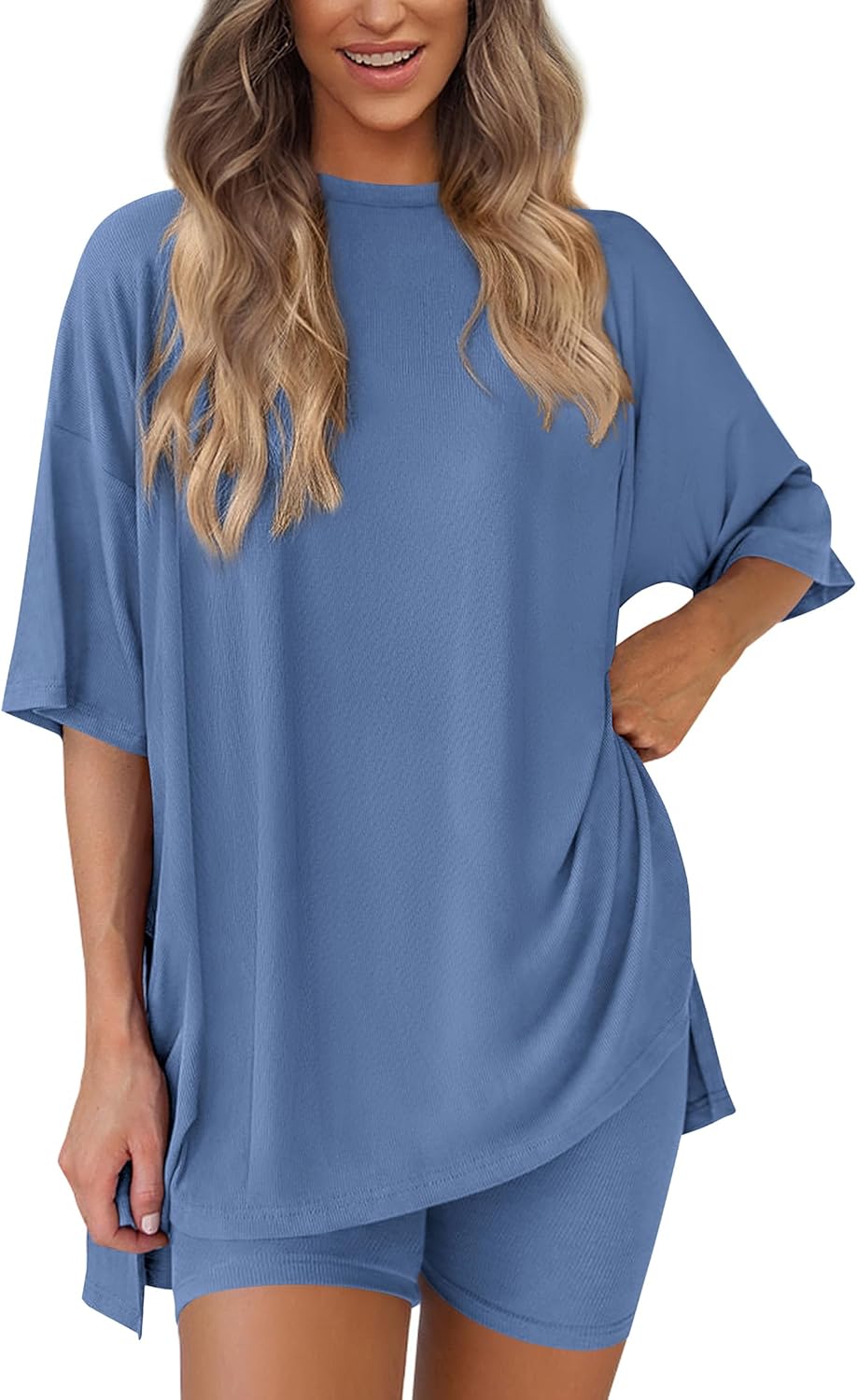 PRETTYGARDEN Women's Two Piece Lounge Set 2025 Summer Casual Oversized Shirts Biker Shorts Matching Airport Travel Outfit