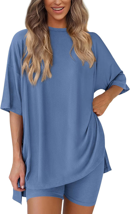 PRETTYGARDEN Women's Two Piece Lounge Set 2025 Summer Casual Oversized Shirts Biker Shorts Matching Airport Travel Outfit