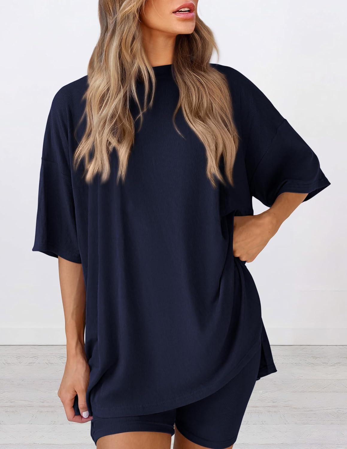 PRETTYGARDEN Women's Two Piece Lounge Set 2025 Summer Casual Oversized Shirts Biker Shorts Matching Airport Travel Outfit