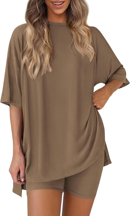 PRETTYGARDEN Women's Two Piece Lounge Set 2025 Summer Casual Oversized Shirts Biker Shorts Matching Airport Travel Outfit