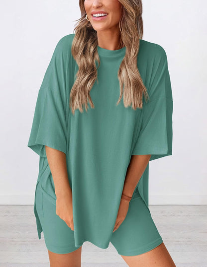 PRETTYGARDEN Women's Two Piece Lounge Set 2025 Summer Casual Oversized Shirts Biker Shorts Matching Airport Travel Outfit