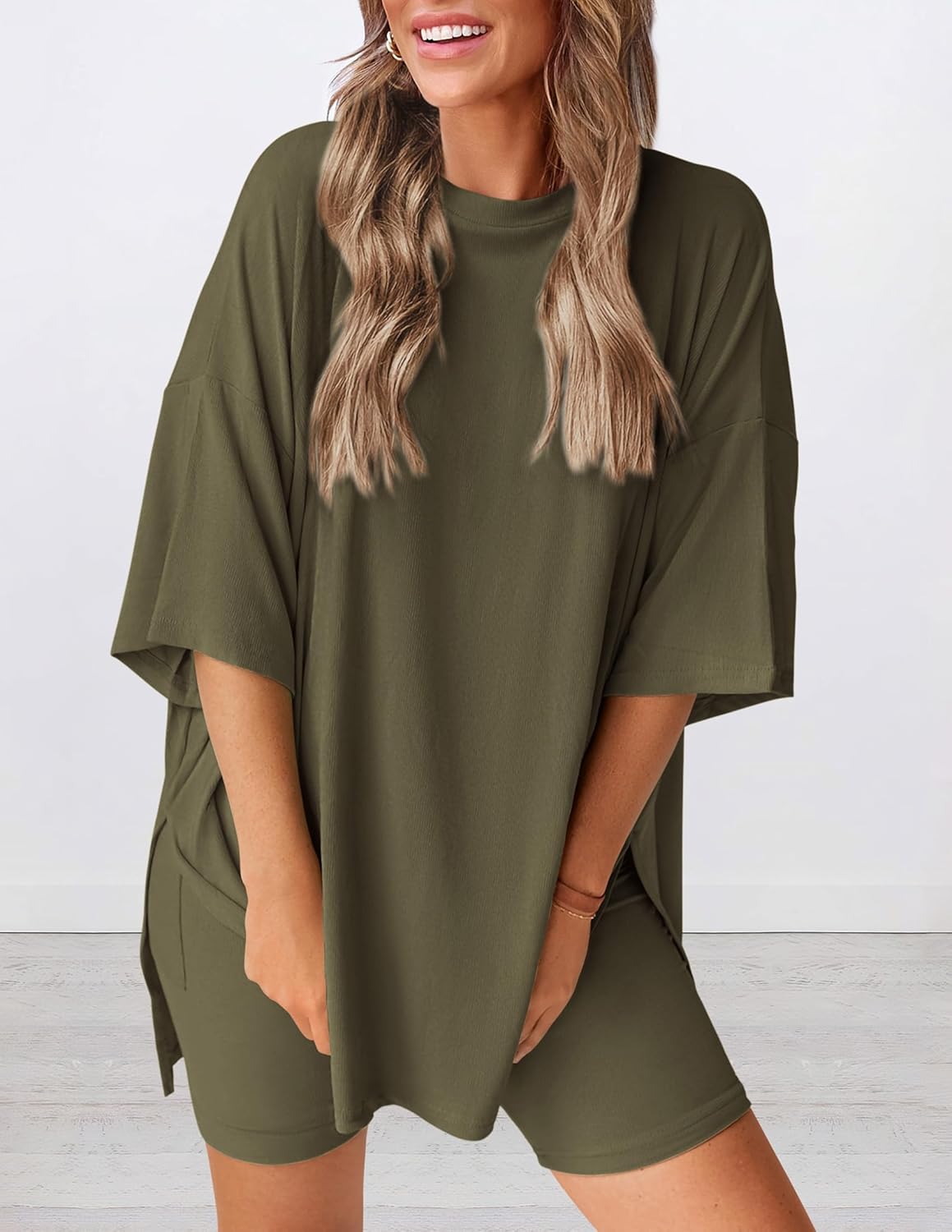 PRETTYGARDEN Women's Two Piece Lounge Set 2025 Summer Casual Oversized Shirts Biker Shorts Matching Airport Travel Outfit