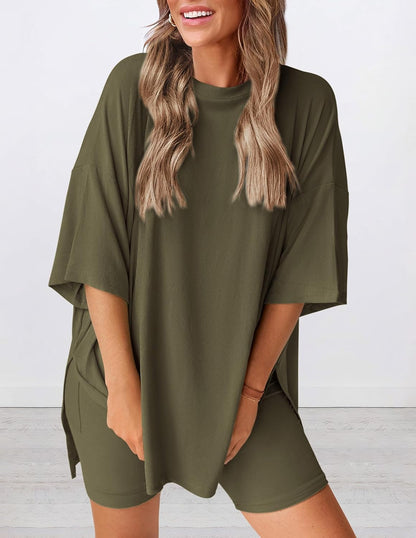 PRETTYGARDEN Women's Two Piece Lounge Set 2025 Summer Casual Oversized Shirts Biker Shorts Matching Airport Travel Outfit