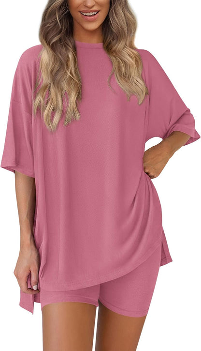 PRETTYGARDEN Women's Two Piece Lounge Set 2025 Summer Casual Oversized Shirts Biker Shorts Matching Airport Travel Outfit