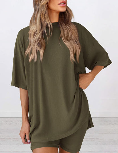 PRETTYGARDEN Women's Two Piece Lounge Set 2025 Summer Casual Oversized Shirts Biker Shorts Matching Airport Travel Outfit
