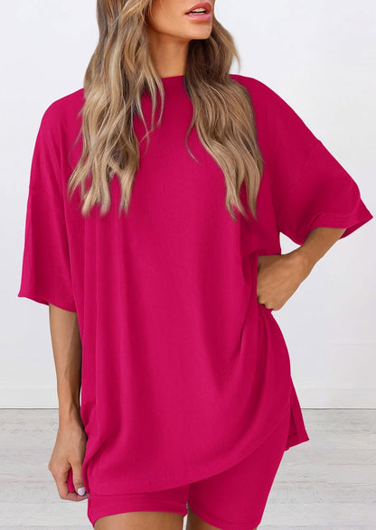 PRETTYGARDEN Women's Two Piece Lounge Set 2025 Summer Casual Oversized Shirts Biker Shorts Matching Airport Travel Outfit