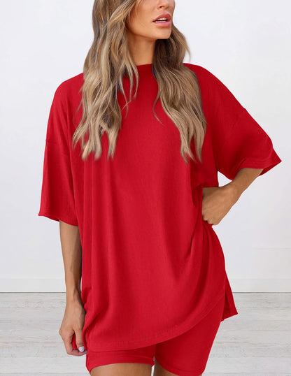 PRETTYGARDEN Women's Two Piece Lounge Set 2025 Summer Casual Oversized Shirts Biker Shorts Matching Airport Travel Outfit