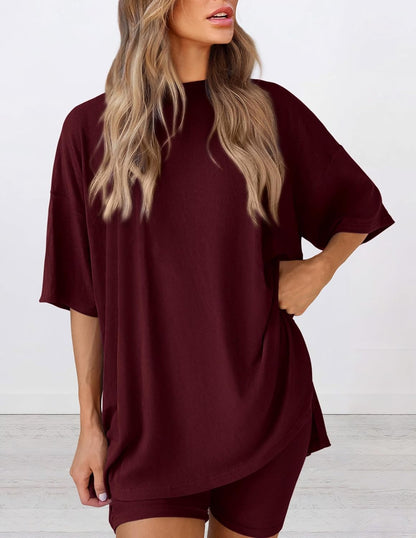 PRETTYGARDEN Women's Two Piece Lounge Set 2025 Summer Casual Oversized Shirts Biker Shorts Matching Airport Travel Outfit