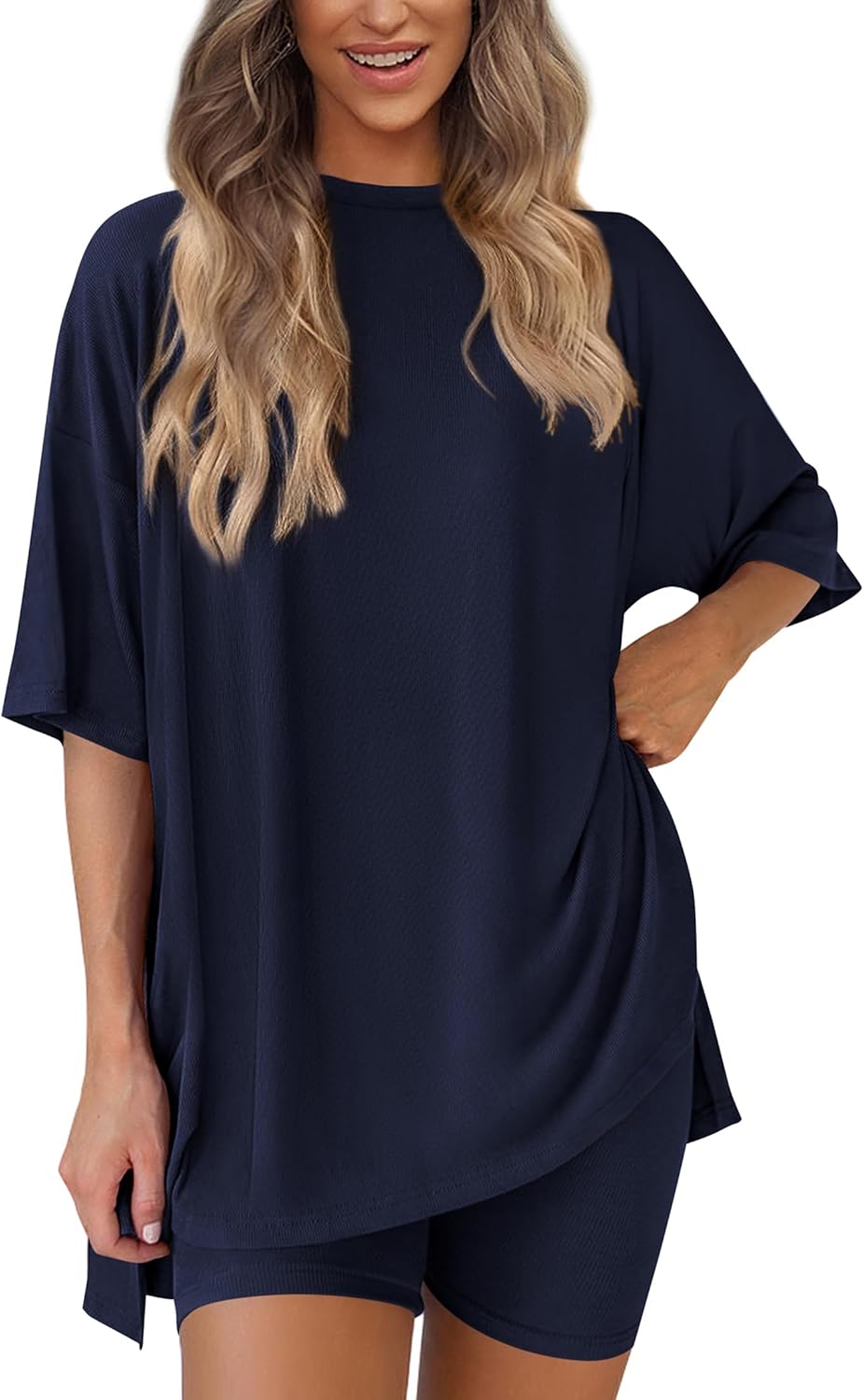 PRETTYGARDEN Women's Two Piece Lounge Set 2025 Summer Casual Oversized Shirts Biker Shorts Matching Airport Travel Outfit