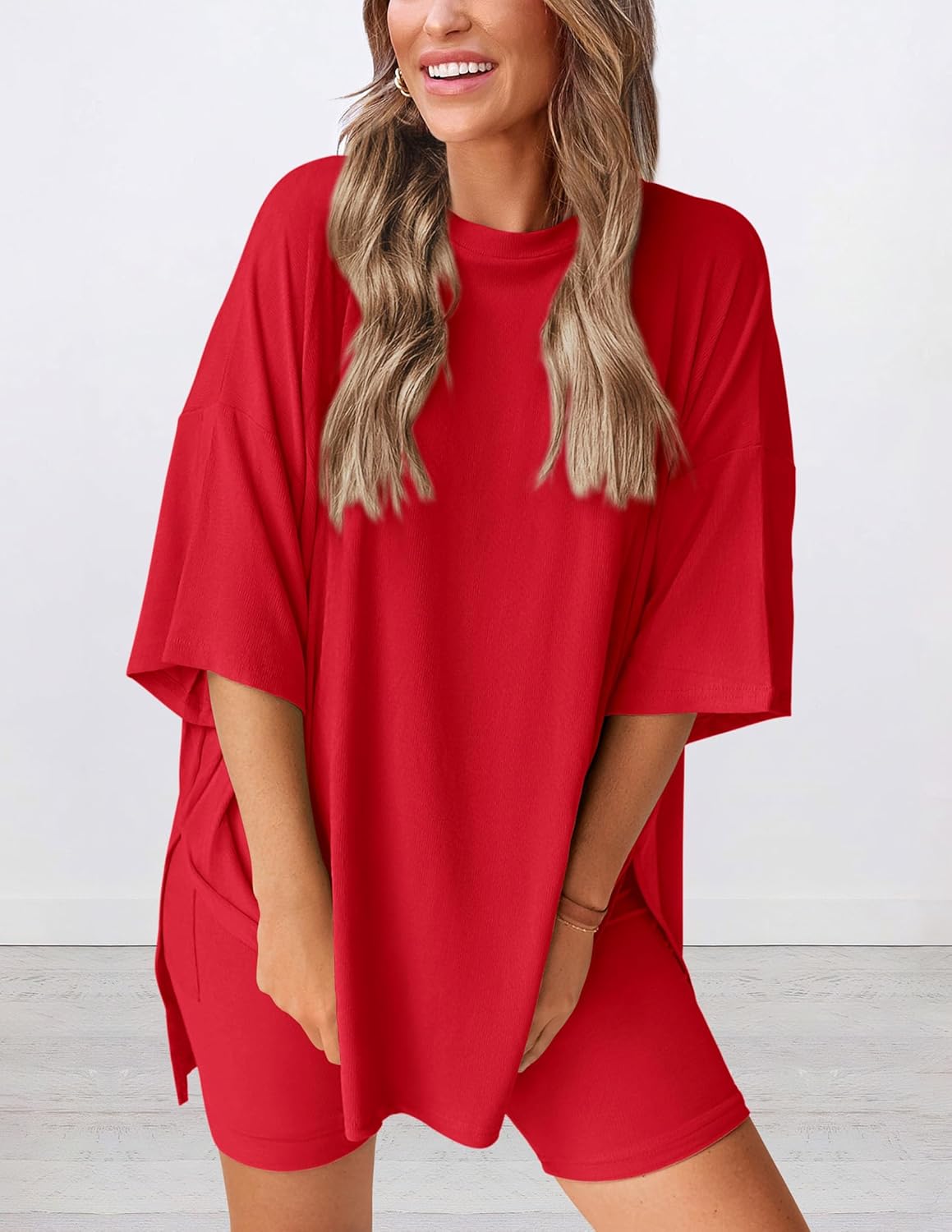 PRETTYGARDEN Women's Two Piece Lounge Set 2025 Summer Casual Oversized Shirts Biker Shorts Matching Airport Travel Outfit