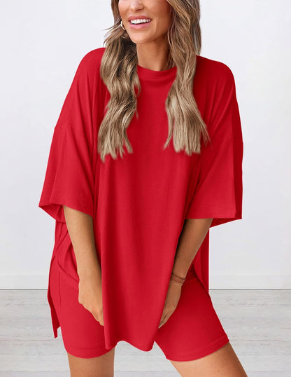 PRETTYGARDEN Women's Two Piece Lounge Set 2025 Summer Casual Oversized Shirts Biker Shorts Matching Airport Travel Outfit
