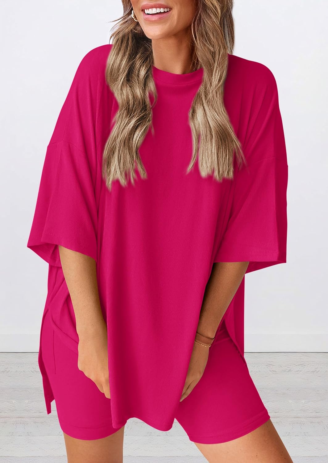 PRETTYGARDEN Women's Two Piece Lounge Set 2025 Summer Casual Oversized Shirts Biker Shorts Matching Airport Travel Outfit