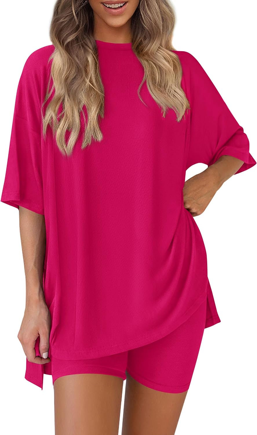 PRETTYGARDEN Women's Two Piece Lounge Set 2025 Summer Casual Oversized Shirts Biker Shorts Matching Airport Travel Outfit