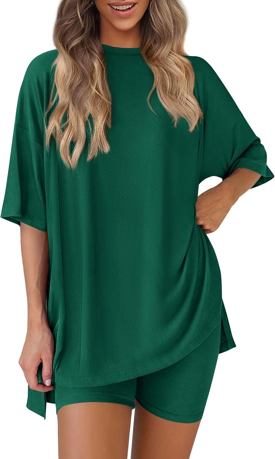 PRETTYGARDEN Women's Two Piece Lounge Set 2025 Summer Casual Oversized Shirts Biker Shorts Matching Airport Travel Outfit