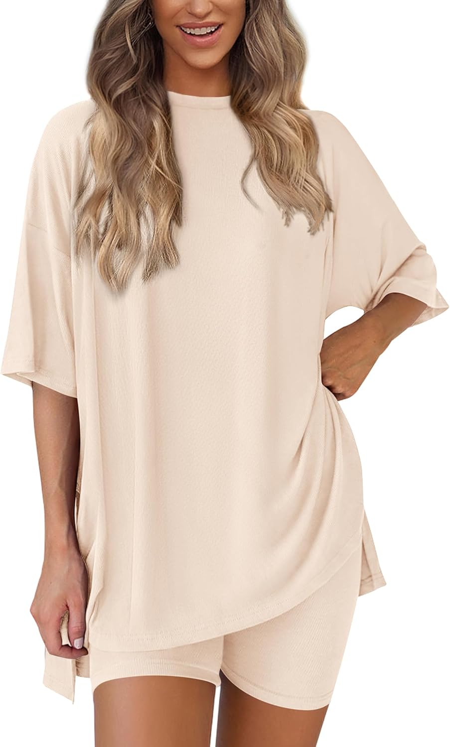 PRETTYGARDEN Women's Two Piece Lounge Set 2025 Summer Casual Oversized Shirts Biker Shorts Matching Airport Travel Outfit