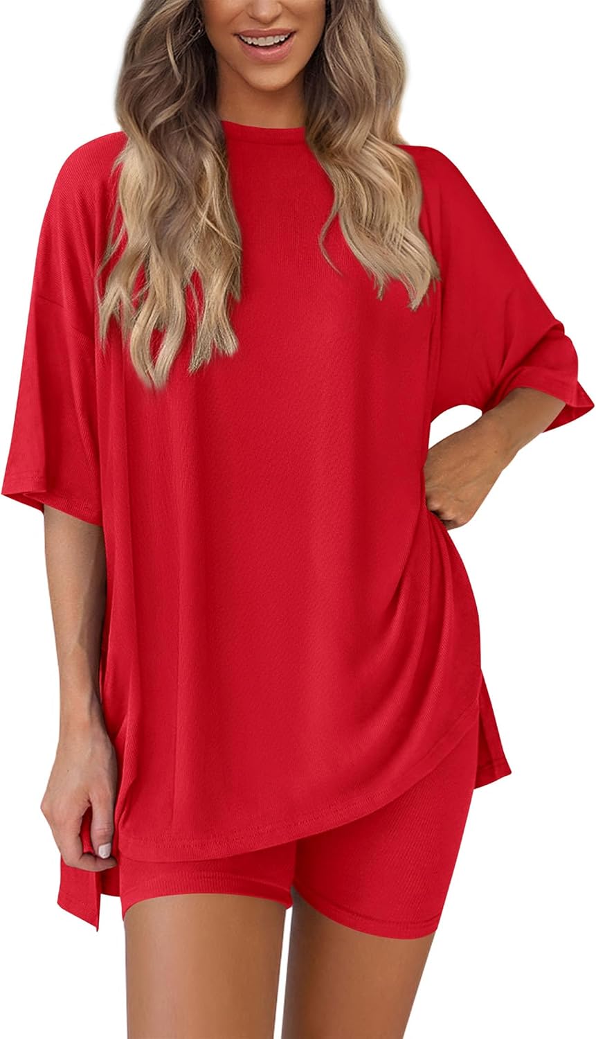 PRETTYGARDEN Women's Two Piece Lounge Set 2025 Summer Casual Oversized Shirts Biker Shorts Matching Airport Travel Outfit