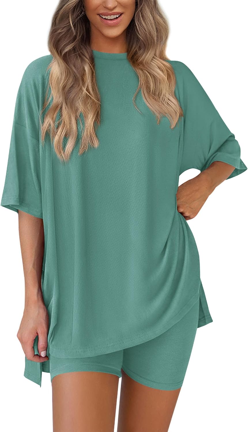 PRETTYGARDEN Women's Two Piece Lounge Set 2025 Summer Casual Oversized Shirts Biker Shorts Matching Airport Travel Outfit