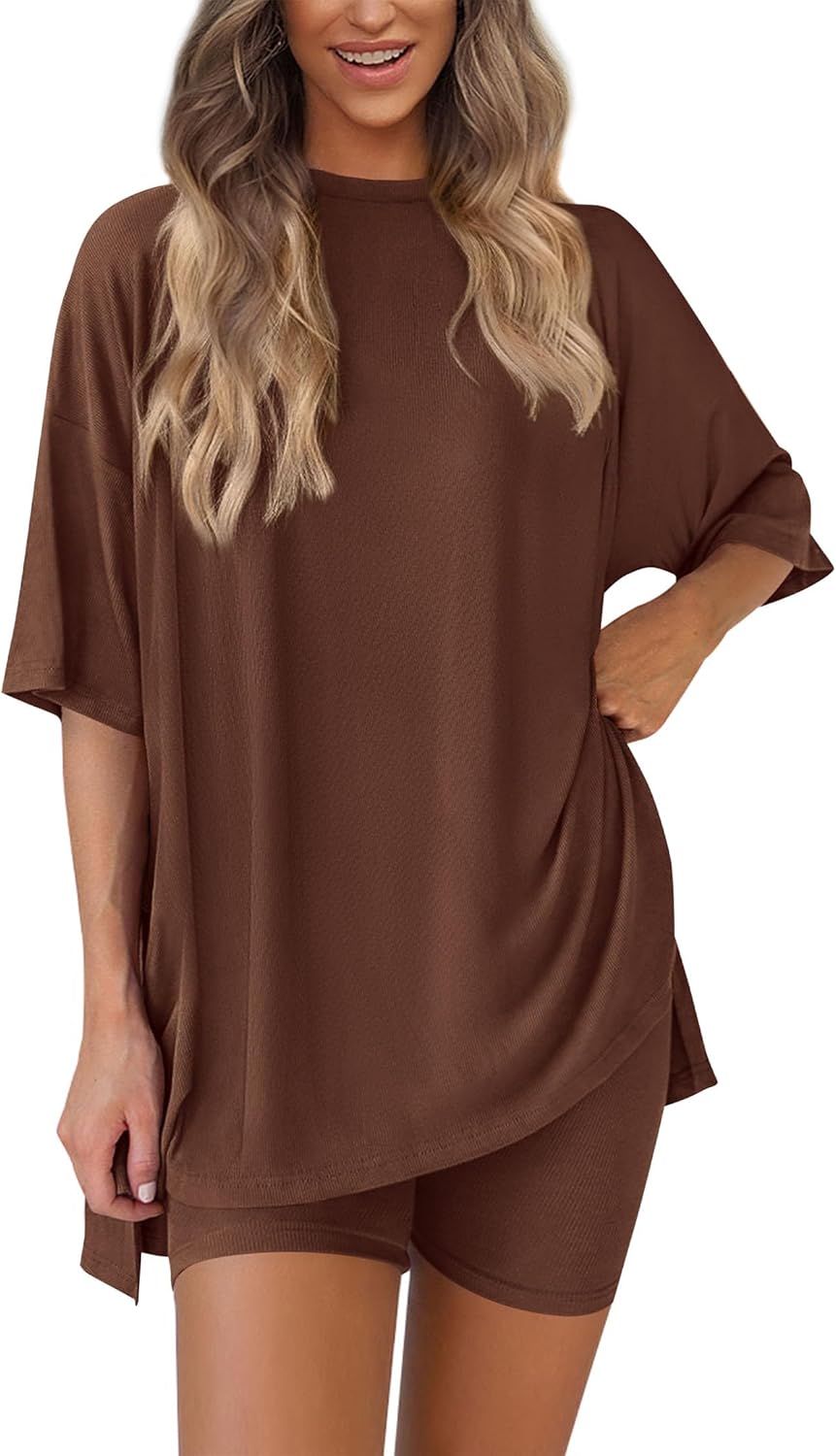 PRETTYGARDEN Women's Two Piece Lounge Set 2025 Summer Casual Oversized Shirts Biker Shorts Matching Airport Travel Outfit