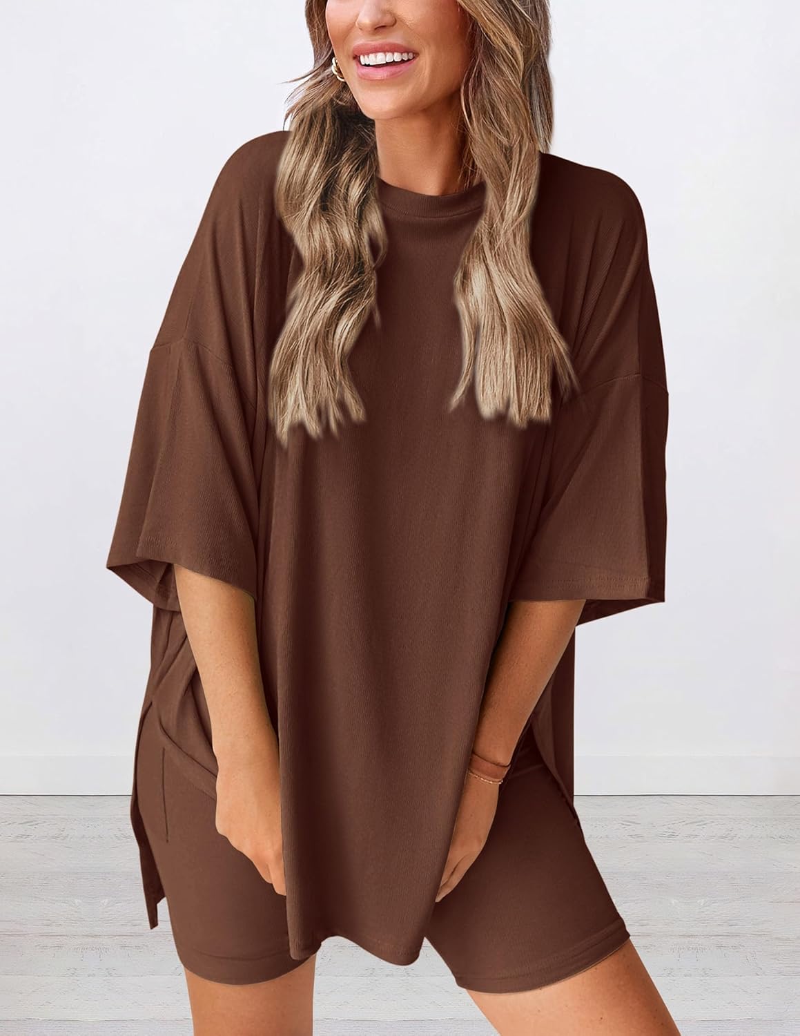 PRETTYGARDEN Women's Two Piece Lounge Set 2025 Summer Casual Oversized Shirts Biker Shorts Matching Airport Travel Outfit
