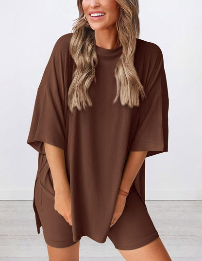 PRETTYGARDEN Women's Two Piece Lounge Set 2025 Summer Casual Oversized Shirts Biker Shorts Matching Airport Travel Outfit