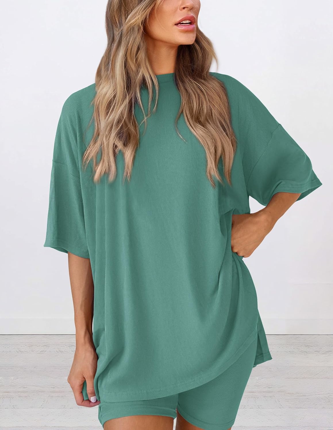 PRETTYGARDEN Women's Two Piece Lounge Set 2025 Summer Casual Oversized Shirts Biker Shorts Matching Airport Travel Outfit
