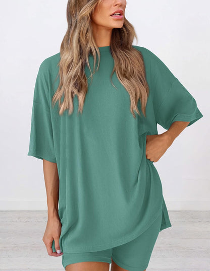 PRETTYGARDEN Women's Two Piece Lounge Set 2025 Summer Casual Oversized Shirts Biker Shorts Matching Airport Travel Outfit
