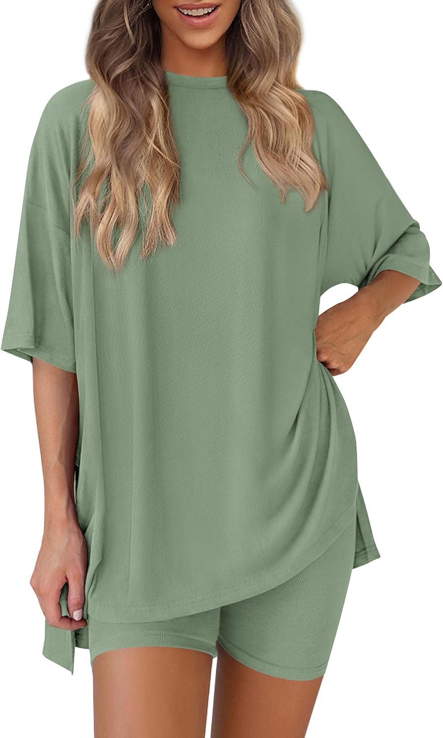 PRETTYGARDEN Women's Two Piece Lounge Set 2025 Summer Casual Oversized Shirts Biker Shorts Matching Airport Travel Outfit