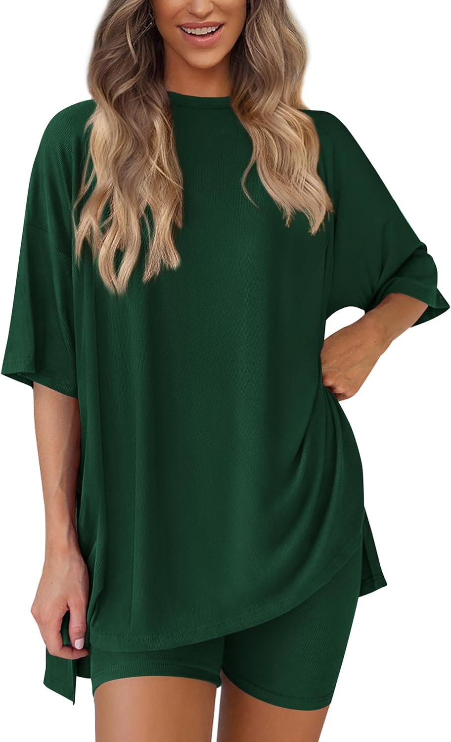 PRETTYGARDEN Women's Two Piece Lounge Set 2025 Summer Casual Oversized Shirts Biker Shorts Matching Airport Travel Outfit