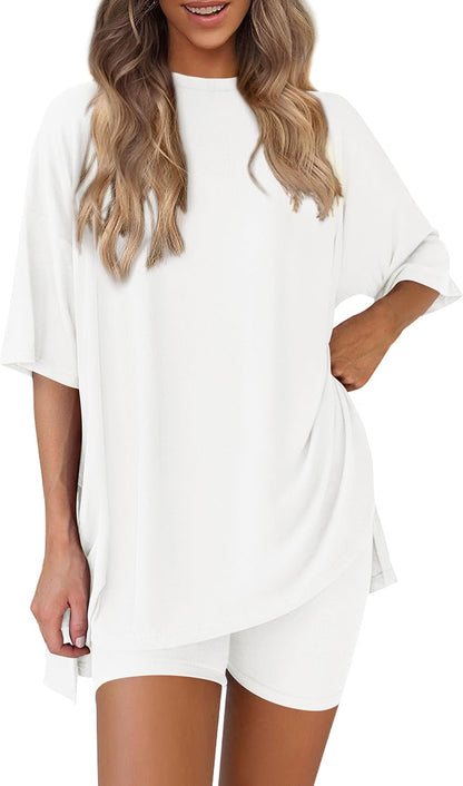 PRETTYGARDEN Women's Two Piece Lounge Set 2025 Summer Casual Oversized Shirts Biker Shorts Matching Airport Travel Outfit