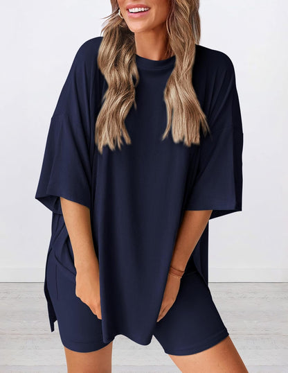PRETTYGARDEN Women's Two Piece Lounge Set 2025 Summer Casual Oversized Shirts Biker Shorts Matching Airport Travel Outfit