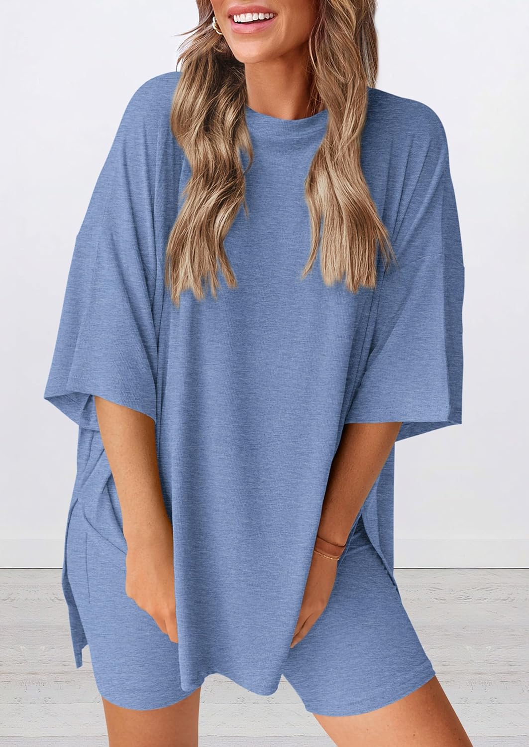 PRETTYGARDEN Women's Two Piece Lounge Set 2025 Summer Casual Oversized Shirts Biker Shorts Matching Airport Travel Outfit