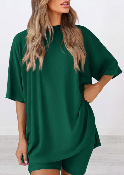PRETTYGARDEN Women's Two Piece Lounge Set 2025 Summer Casual Oversized Shirts Biker Shorts Matching Airport Travel Outfit