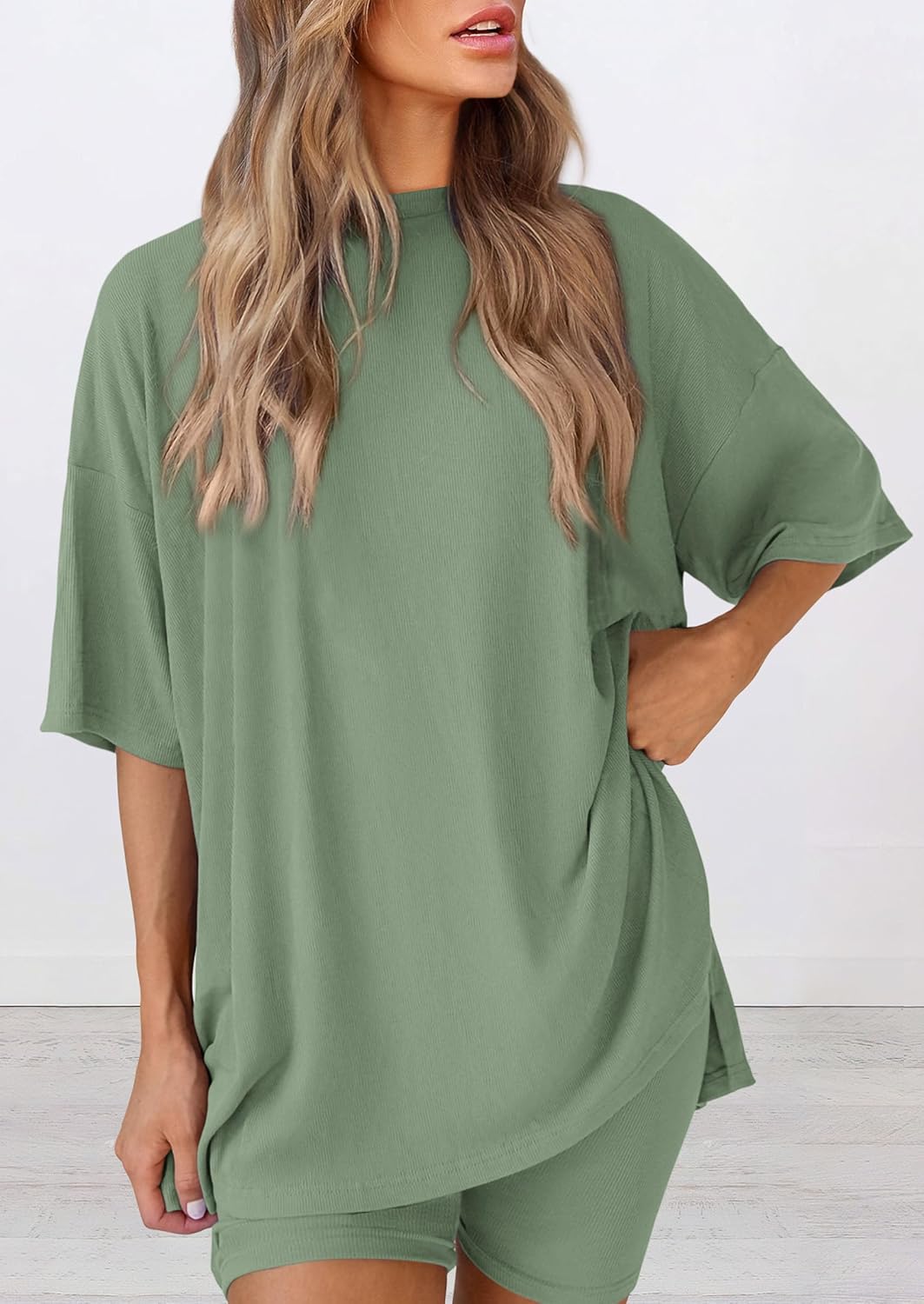 PRETTYGARDEN Women's Two Piece Lounge Set 2025 Summer Casual Oversized Shirts Biker Shorts Matching Airport Travel Outfit
