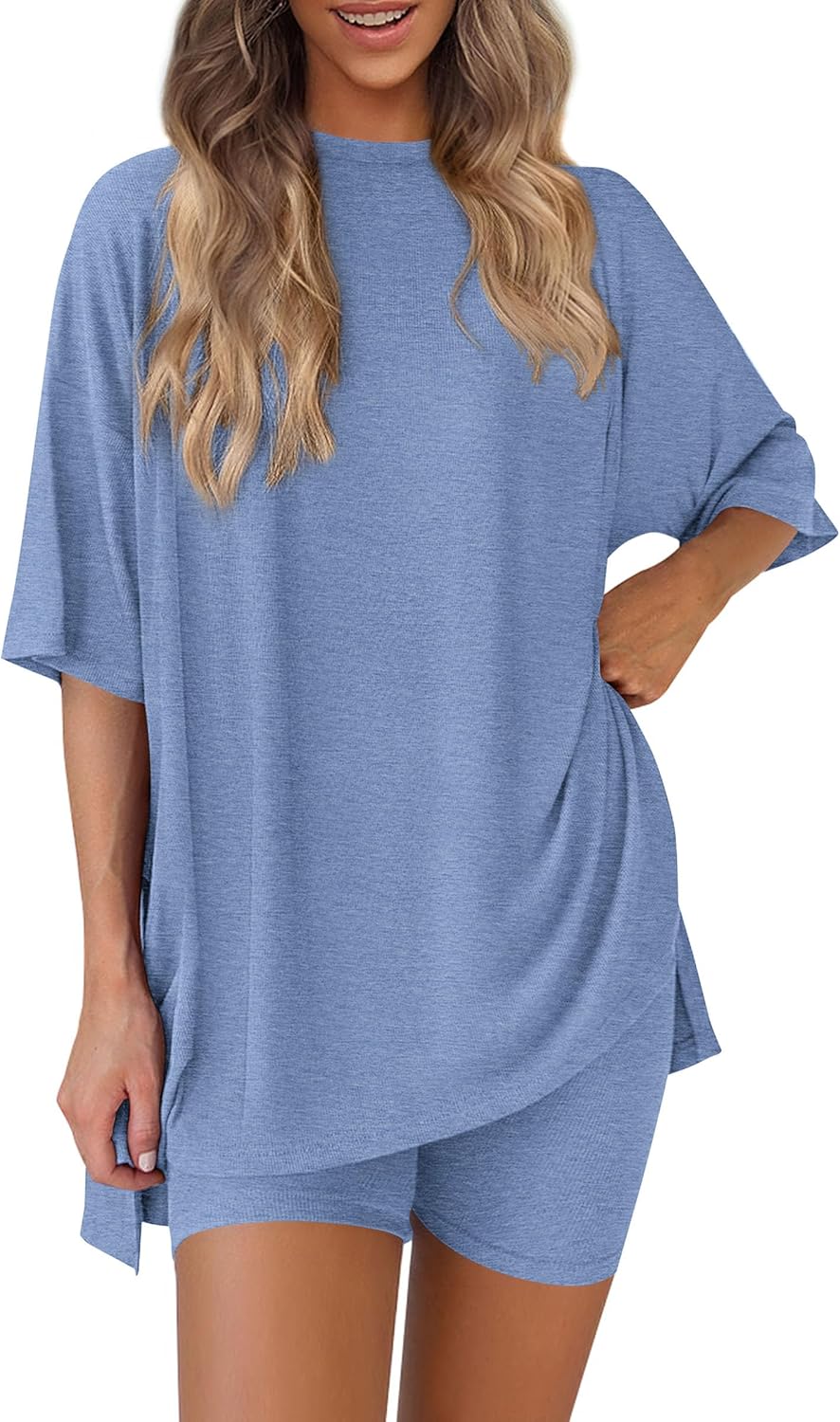 PRETTYGARDEN Women's Two Piece Lounge Set 2025 Summer Casual Oversized Shirts Biker Shorts Matching Airport Travel Outfit