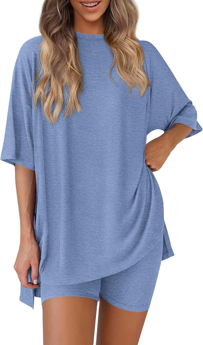 PRETTYGARDEN Women's Two Piece Lounge Set 2025 Summer Casual Oversized Shirts Biker Shorts Matching Airport Travel Outfit