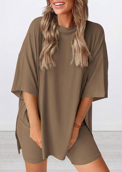 PRETTYGARDEN Women's Two Piece Lounge Set 2025 Summer Casual Oversized Shirts Biker Shorts Matching Airport Travel Outfit