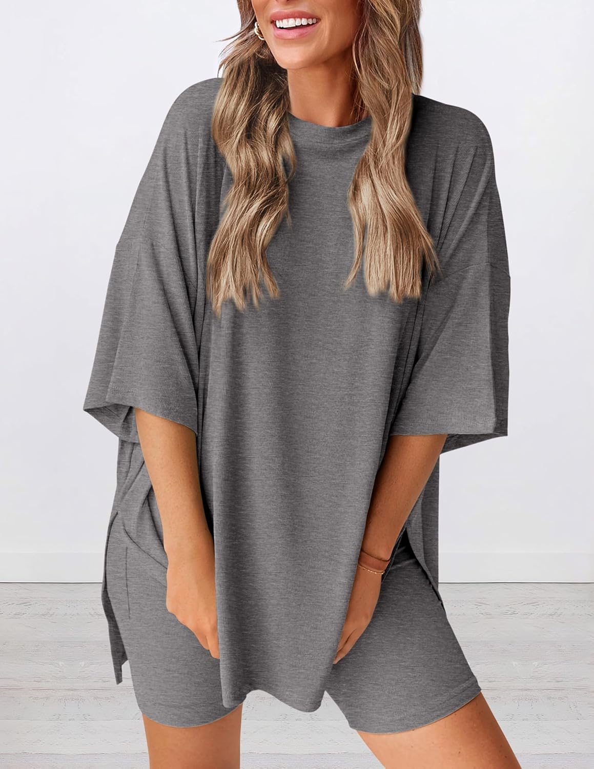 PRETTYGARDEN Women's Two Piece Lounge Set 2025 Summer Casual Oversized Shirts Biker Shorts Matching Airport Travel Outfit