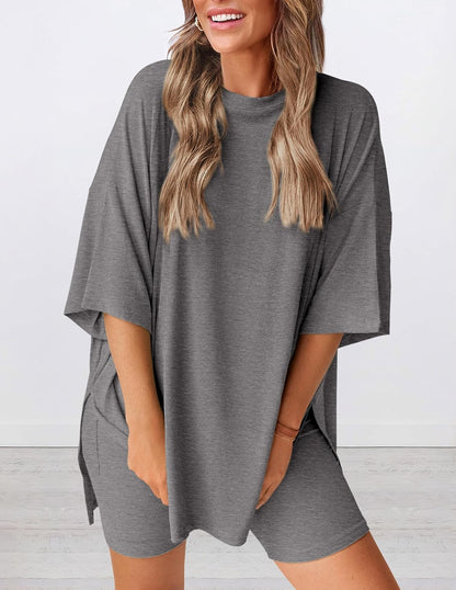 PRETTYGARDEN Women's Two Piece Lounge Set 2025 Summer Casual Oversized Shirts Biker Shorts Matching Airport Travel Outfit