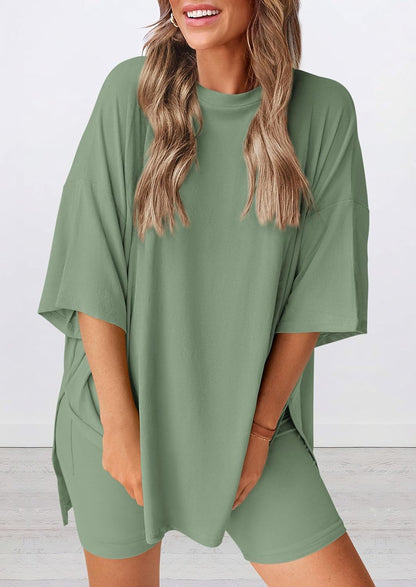 PRETTYGARDEN Women's Two Piece Lounge Set 2025 Summer Casual Oversized Shirts Biker Shorts Matching Airport Travel Outfit