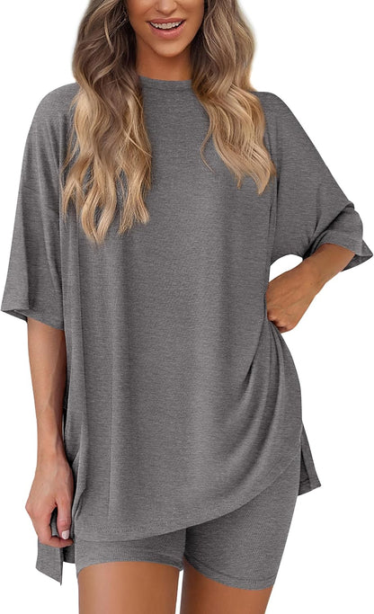 PRETTYGARDEN Women's Two Piece Lounge Set 2025 Summer Casual Oversized Shirts Biker Shorts Matching Airport Travel Outfit